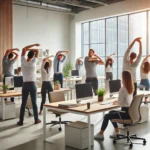 DALL·E 2025-01-28 15.39.52 - A group of office workers performing simple stretches in a modern workplace setting. The office has a clean, minimalistic design with large windows, n